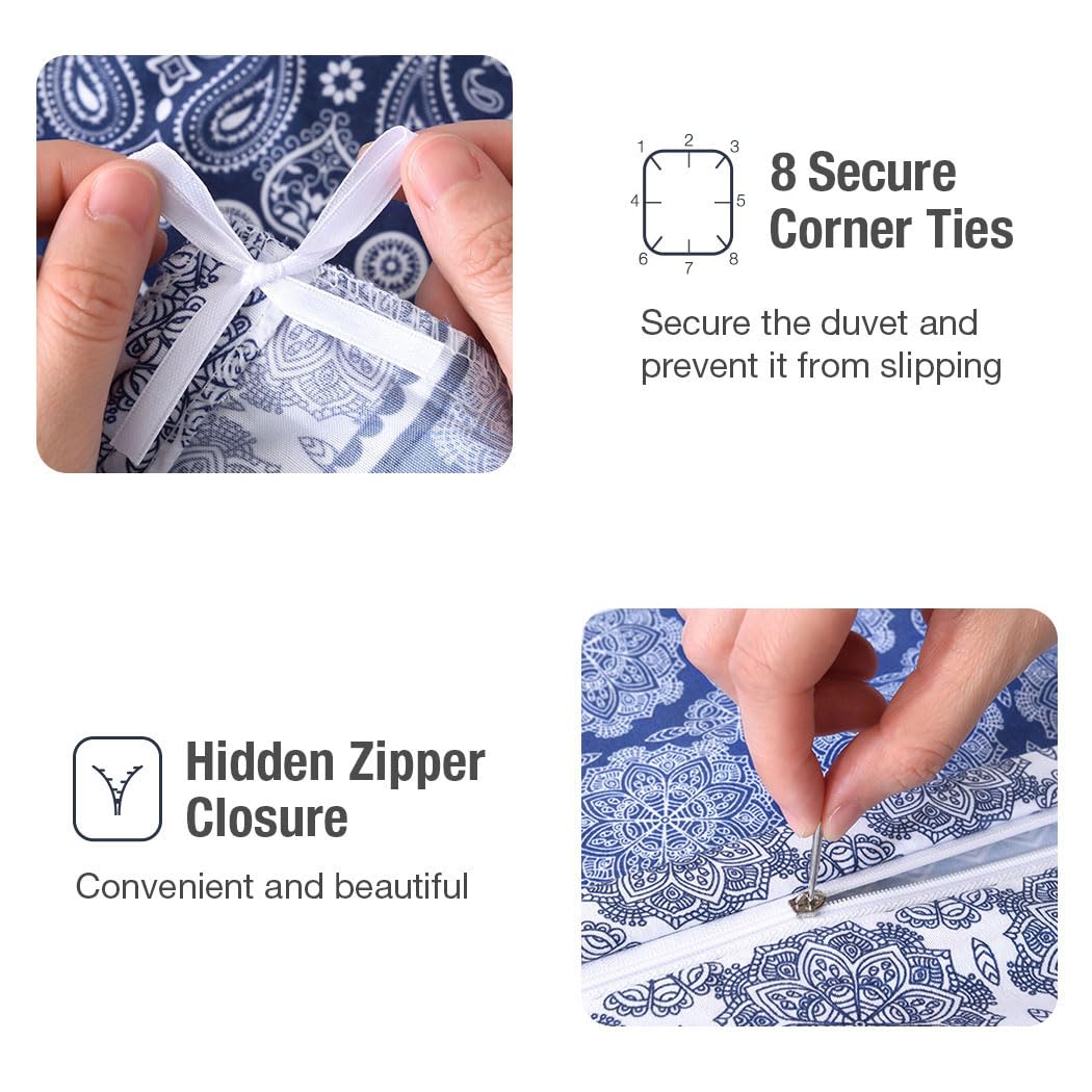 Lekesky Boho Queen Size Duvet Cover Set, Boho Blue Retro Comforter Cover Queen Size Floral Striped Printed, Luxury Soft Microfiber Bedding Set with Zipper Ties
