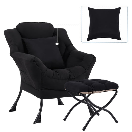 YOTATING Lazy Chair with Ottoman, Comfy Reading Chair with Footstool & Pillow Modern Lounge Chair with Armrests & Side Pocket for Living Room, Bedroom, Dorm Room，Black