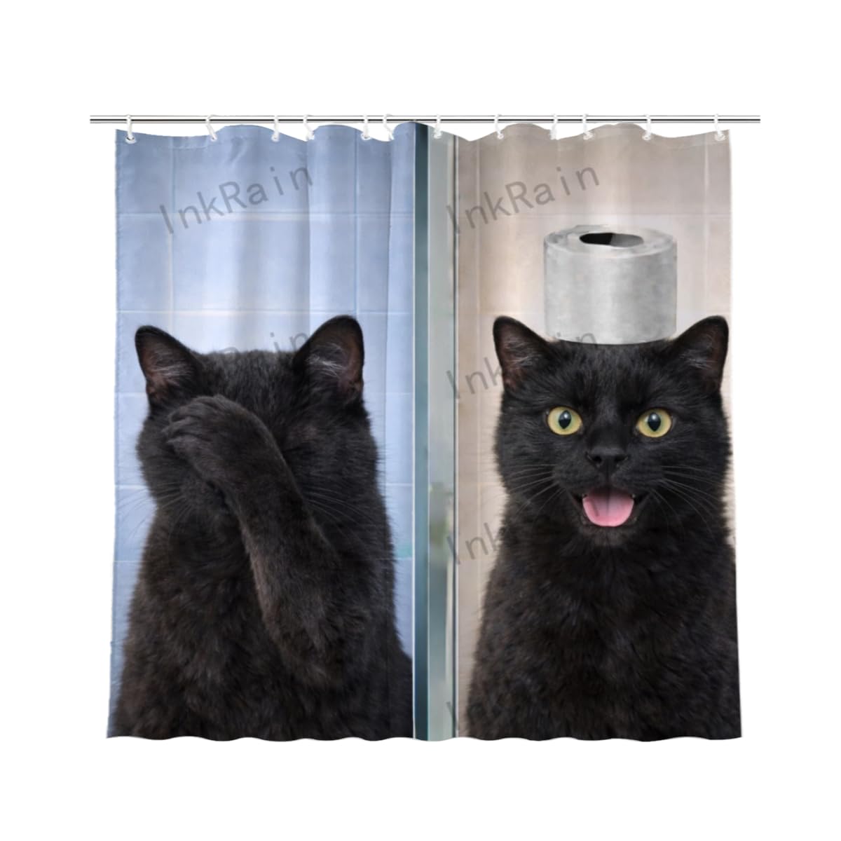 InkRain Black Cat Shower Curtain 72x72 Inch, Funny Animal Toilet Humor Bathroom Decor, Cute Black Cat Bath Curtain, Humor Bathroom Decor with 12 Hooks