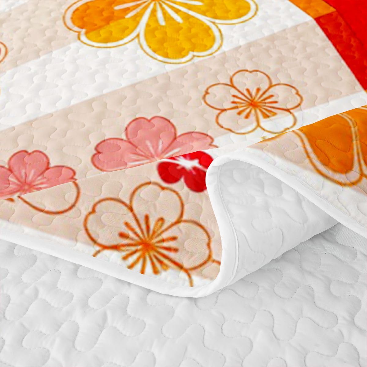 Erosebridal Japanese Style Fan Quilts Twin Size - Japan Fan Cherry Blossoms Bedspread Coverlet Set, Asian Themed Quilt Coverlets 2Pcs (Only 1 Pillowcase)
