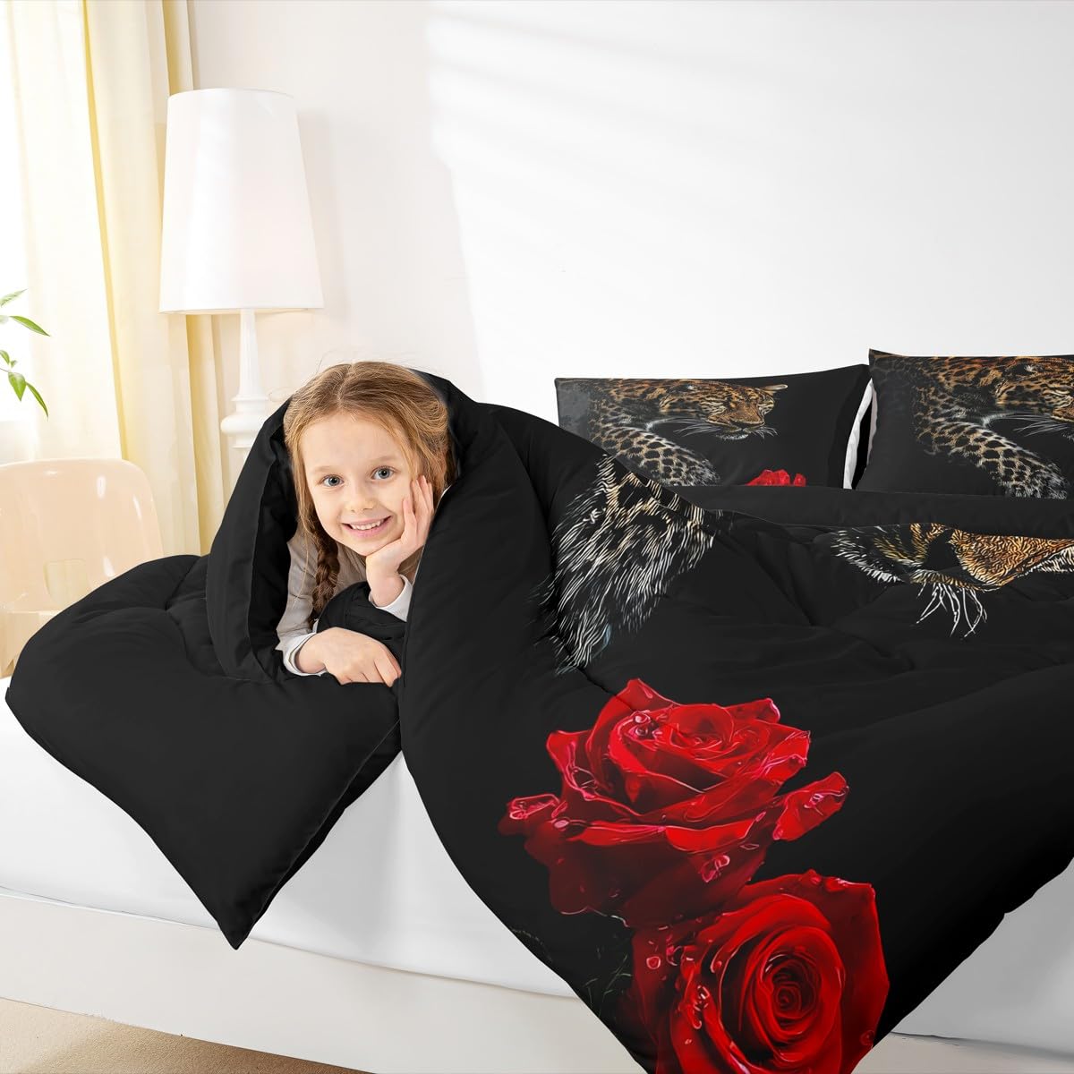 Erosebridal Leopard Comforter Set Queen Size,Red Rose Cheetah Bedding Set,Cat Leopard Print Down Comforter, Romantic Floral Quilted Duvet, Safari Animal Quilt Set, Stylish Bedroom Decor, Black
