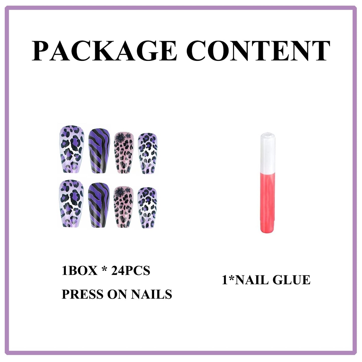 MERVF Coffin Press on Nails Long Fake Nails Purple Leopard Glue ons Ballerina Animal Print Design Acrylic Nail Supplies DIY Wild Manicure Glossy 24pcs