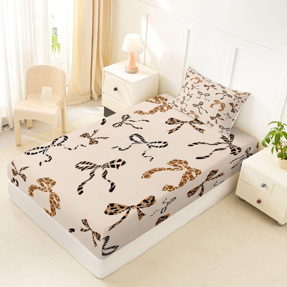jejeloiu Brown Leopard Bow Fitted Sheet Twin Size for Kids Boys Girls Leopard Print Bowknot Bed Sheets Set 16" Deep Pocket Dreamy Princess Bowknot Bedding with 1 Pillowcase Room Decor