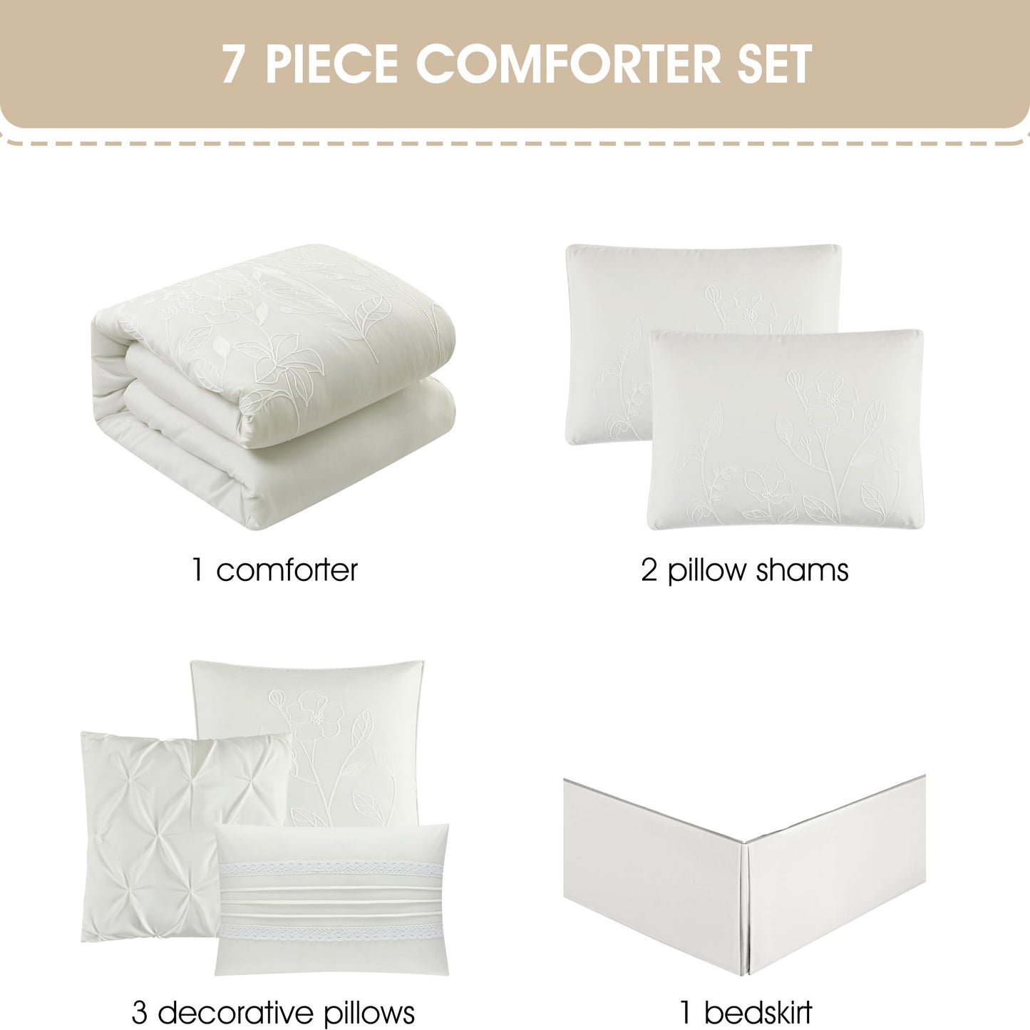 Grand Avenue 7 Piece Green Comforter Set, King Size Chain Stiching Embroidery Bedding, All Season Floral Leaves Bedding Set, Bed Skirt, Pillows & Shams