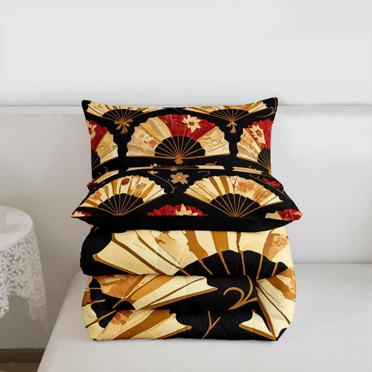Erosebridal Japanese Folding Fans Kids Comforter Set | Japanese Style Bedding Full Size Cherry Blossoms Down Comforter Gold Fan with Floral Pattern Duvet Set for Bedroom
