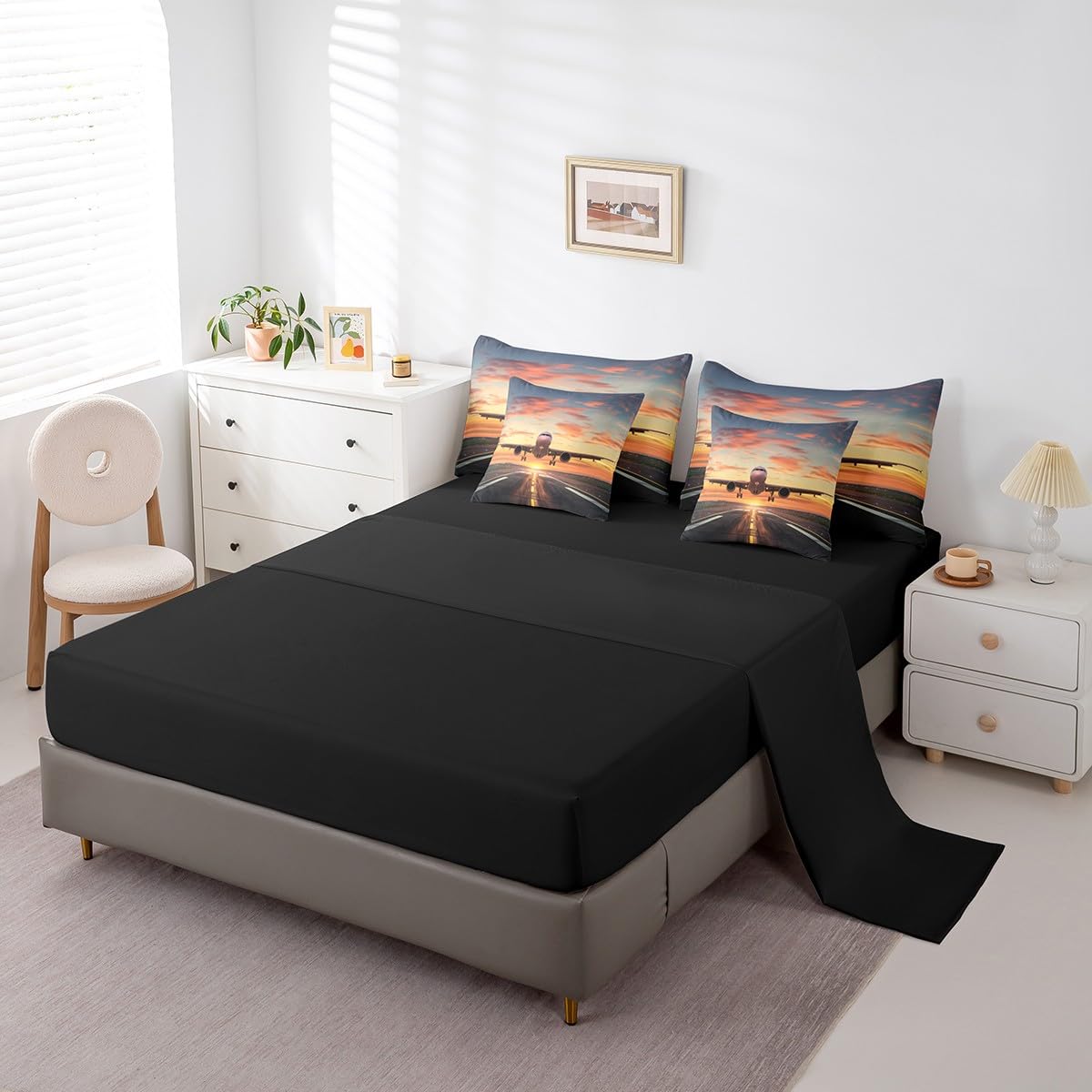 Erosebridal Airplane Full Bedding Set 7 Piece Aircraft Bed in A Bag Airport Runway Comforter Set for Kids Boys Adults Men Airplane Sheet Set with Comforter