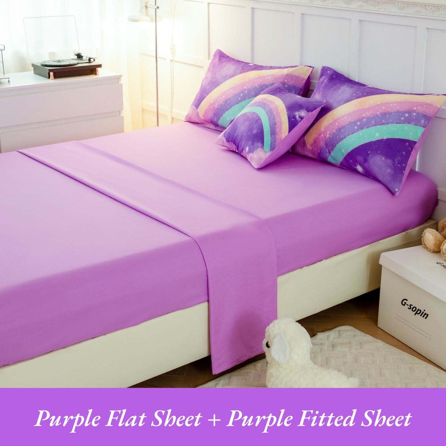 ANGIYUIN Deep Purple Rainbow Kids Comforter Set Twin 6 Pieces Gradient Glitter Bedding for Girls 3D Galaxy Nebula Bed Set with Sheets for All Season