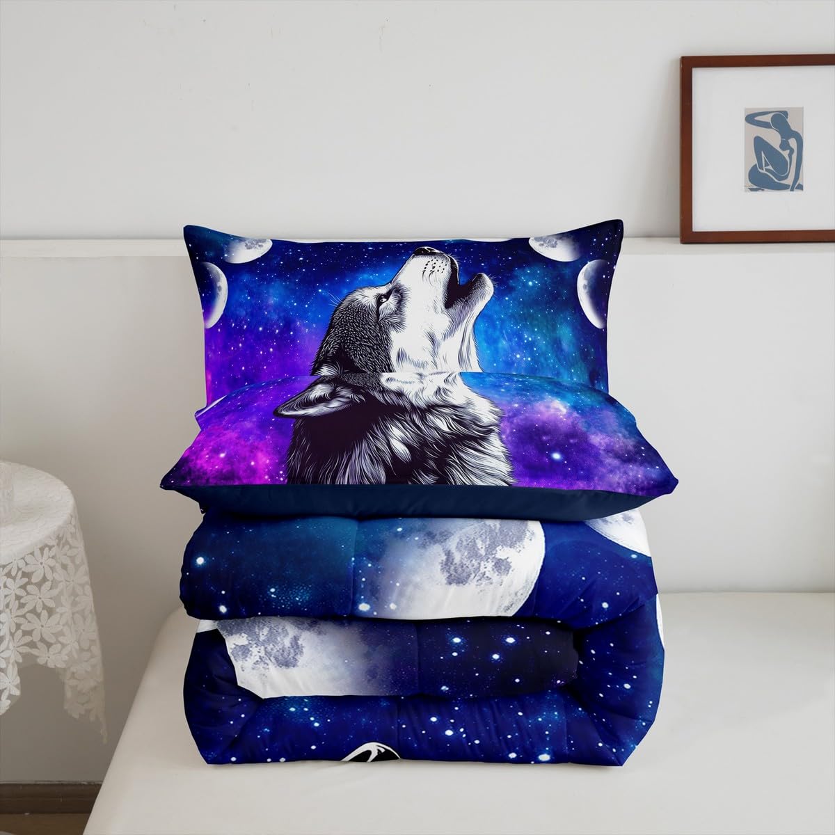 Erosebridal Howling Wolf Quilted Duvet Blue Purple Starry Sky Bedding Set Full Size,Galaxy Series Comforter Set for Child Teens Youth Man,Stars Moon Duvet Filler Wild Animal Themed Room Decor