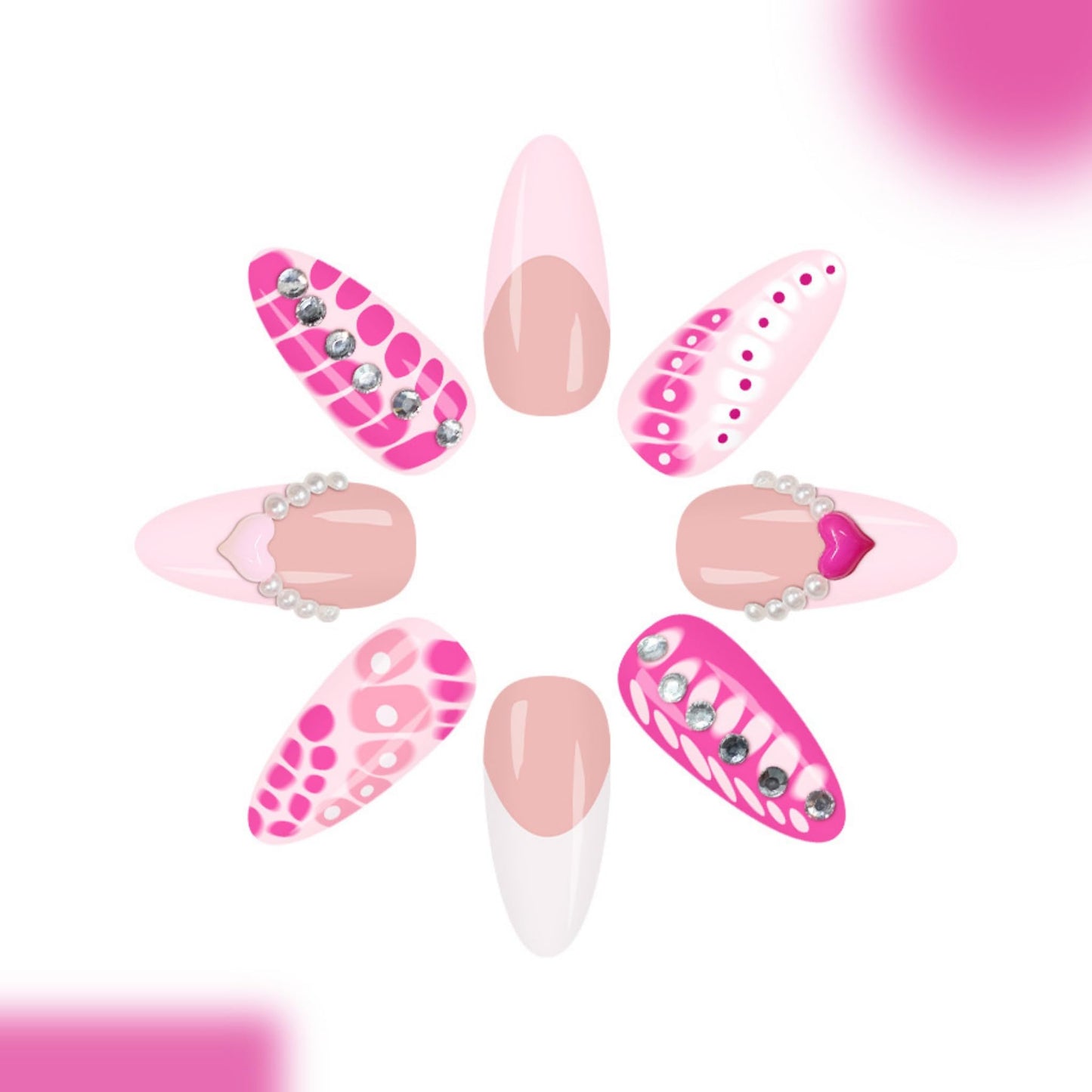 Valentines Press on Nails Long Almond Fake Nails Pink Artificial Nail Heart Love Tortoise Shell Rhinestones Stick on Nail for Women 24pcs