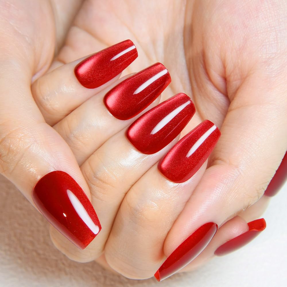 evpct Red Cat Eye Press on Nails Square Medium Coffin No Glue, Medium Square Stick on Nails for Women, Red Metallic Glitter Glossy Reusable Spring Summer Soft Press on Acrylic Fake Nail with Designs