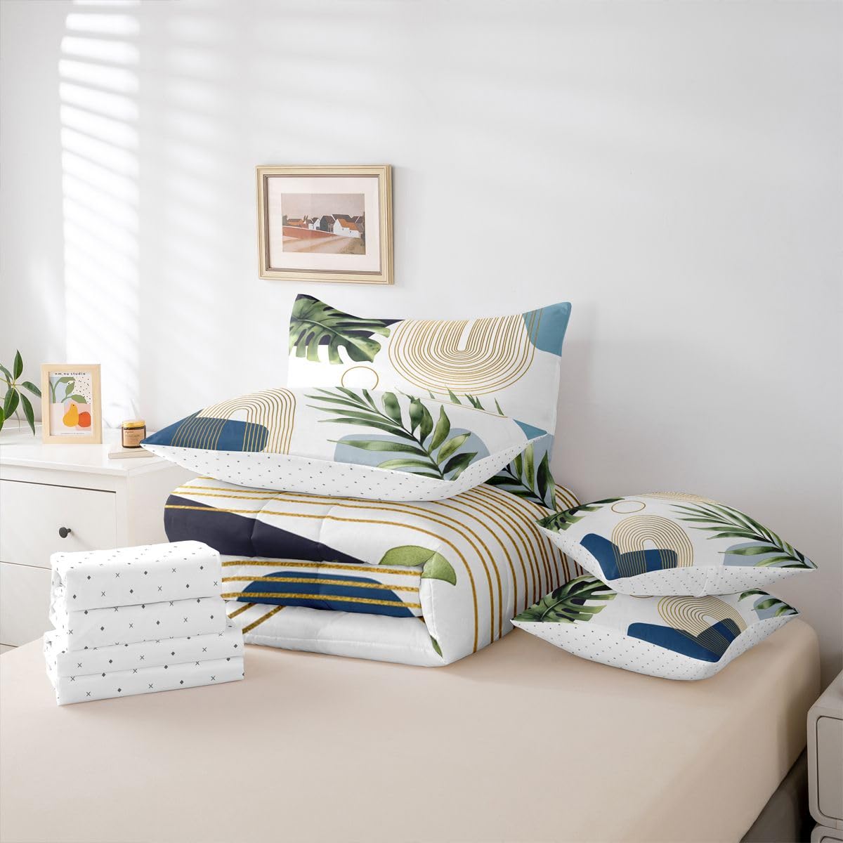 Erosebridal Boho Blue Green Full 7 Pcs Bedding Set, Mid Century Abstract Comforter Set with Sheets, Bohemian Tropical Palm Leaf Botanical Bed Sets, Modern Minimalist Geometric Aesthetic Bed in A Bag