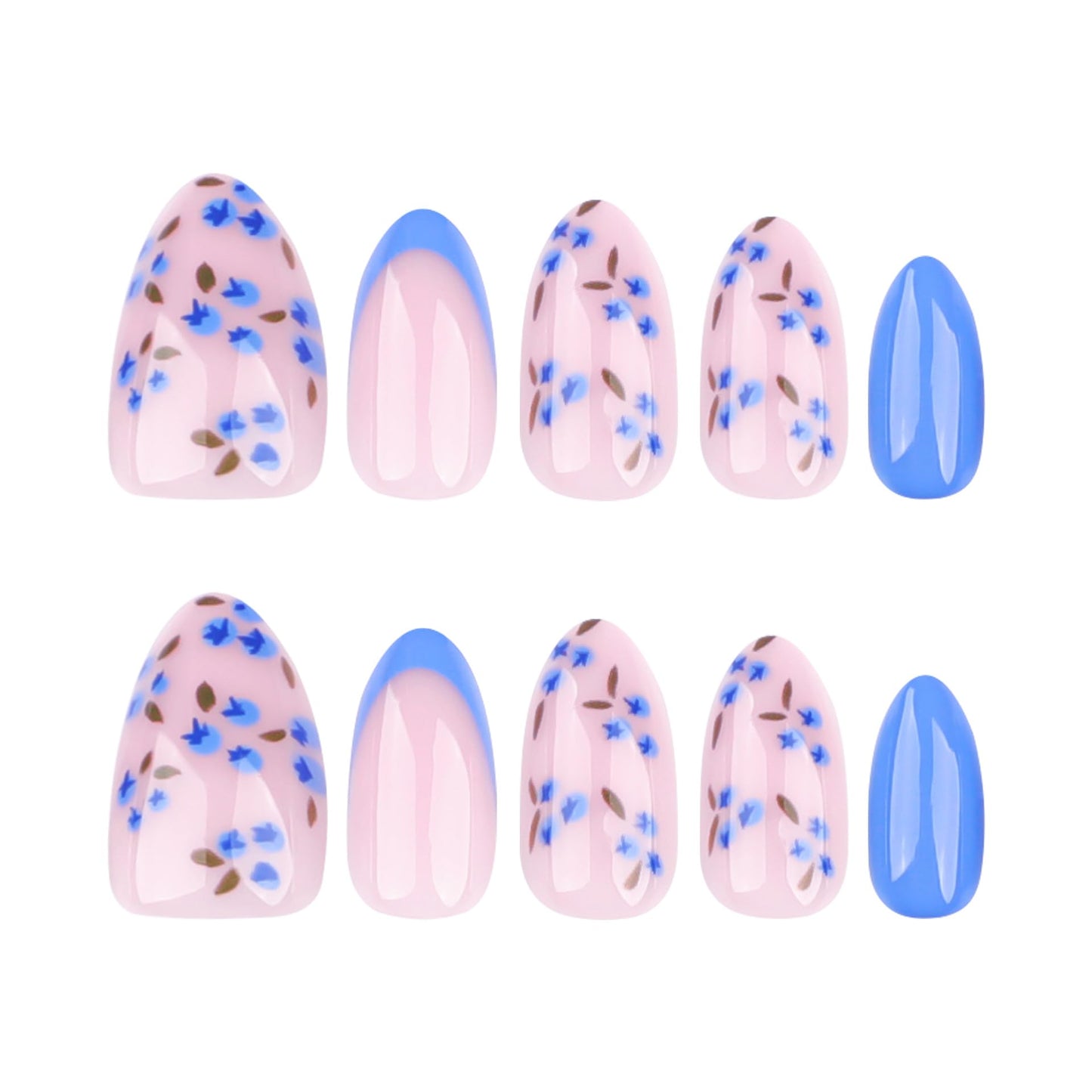 Stbisen Summer Fall Press On Nails Short Almond, Nude and Blue Fake Nails Featuring Blue Floral Accents, Glossy Finish Acrylic Nails, Thick Reusable Glue On Nails for Women, 24Pcs