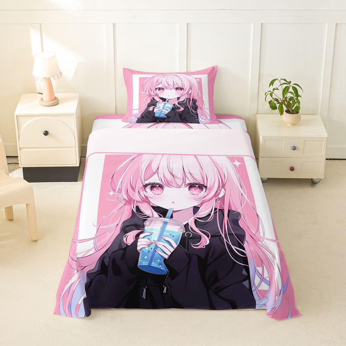 Erosebridal 3D Japanese Sheets Twin Anime Girl Drinking Milk Tea Bed Sheets Set Cute Kawaii Girly Sheet Set for Boys Girls Modern Fashion Aesthetic Bed Sets 3Pcs