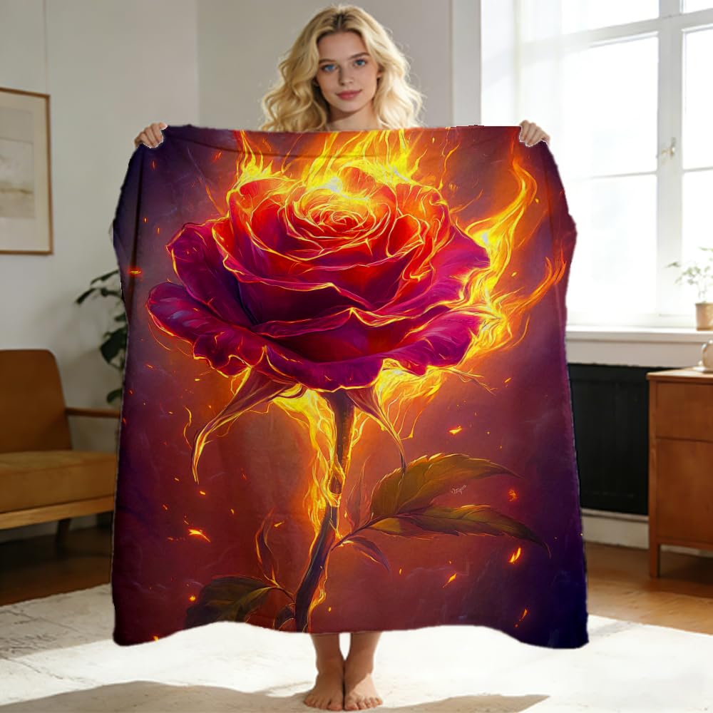 ZHOUSHUTONG Fiery Burning Rose Flannel Throw Blanket, Gothic Floral Fire Flower Print Blanket, Soft Cozy Warm Plush Blankets for Couch Bed Sofa, Gift for Rose Lovers 49"x59"