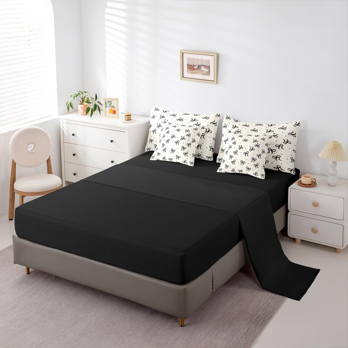 Erosebridal Black and Beige Bow Comforter Set with Sheets Teen Girls Coquette Bow Twin Size Bedding Modern Fashion Bed in A Bag 7-Piece for Women Minimalists Aesthetic Bowknot Bed Collections