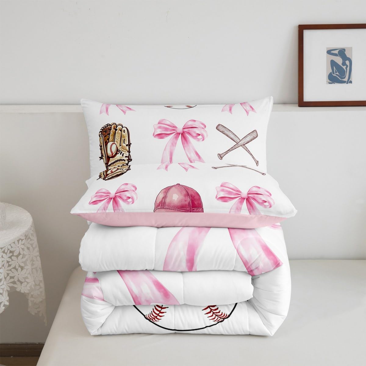 Castle Fairy Baseball Girls Full Bedding Set,Pink Bow Sport Lover Comforter Bed Set Teens Women Bedroom Decor,Cartoon Ball Hat Glove Quilt Set 3 PCS,Pink White Kids Duvet Insert,2 Pillow Cases