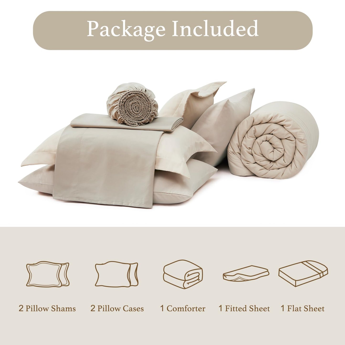 Monbix Queen Comforter Set - 7 Pieces Beige Bed in a Bag Queen Bedding Sets with Comforters, All Seasons Comforter Bed Set with Sheets, Pillowcases & Shams