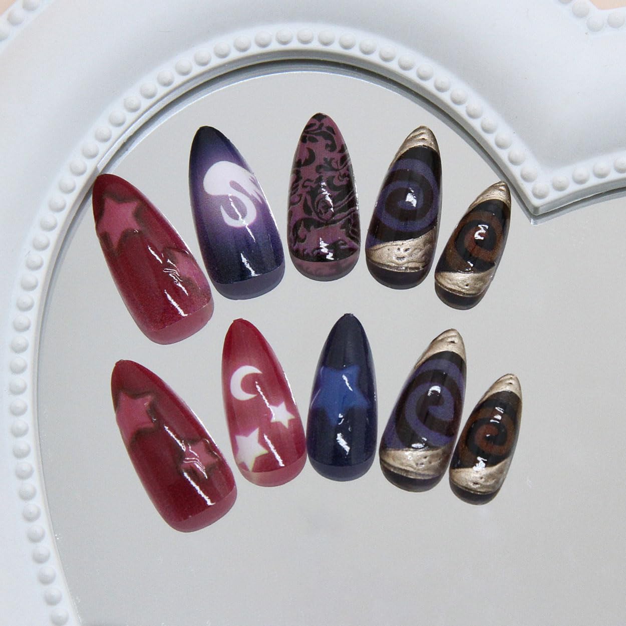 Press on Nails Almond Medium Red Fake Nails French Tip False Nails Press ons with Swan Grid Design Glue on Nails Artificial Acrylic Nail Art Glossy Full Cover Stick on Nail Supplies for Women 24Pcs