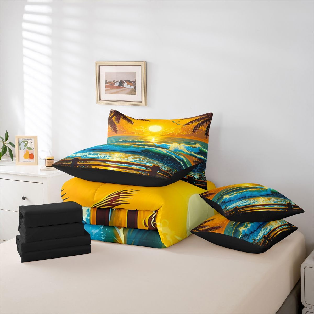 Erosebridal Tropical Sunset Queen Bedding Set Summer Palm Tree Comforter Set Kids Teens Adults Vibrant Sunlight Ocean Wave 7-Piece Bed in a Bag Seagull Beach Travel Quilt Sets