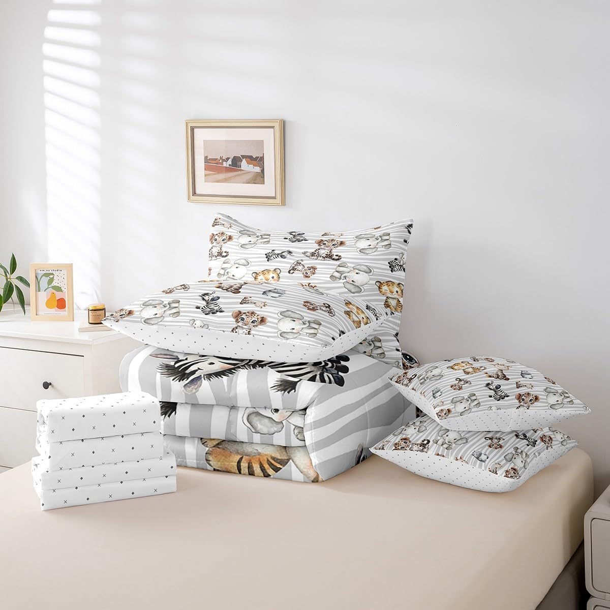 Erosebridal Nursery Safari Kids Twin Size Comforter Set with Sheets - African Jungle Animal 7-Piece Bedding Set for Girls Baby Lion Giraffe Bed in a Bag Zebra Hippo Leopard Wild Animal Bed Quilt Sets