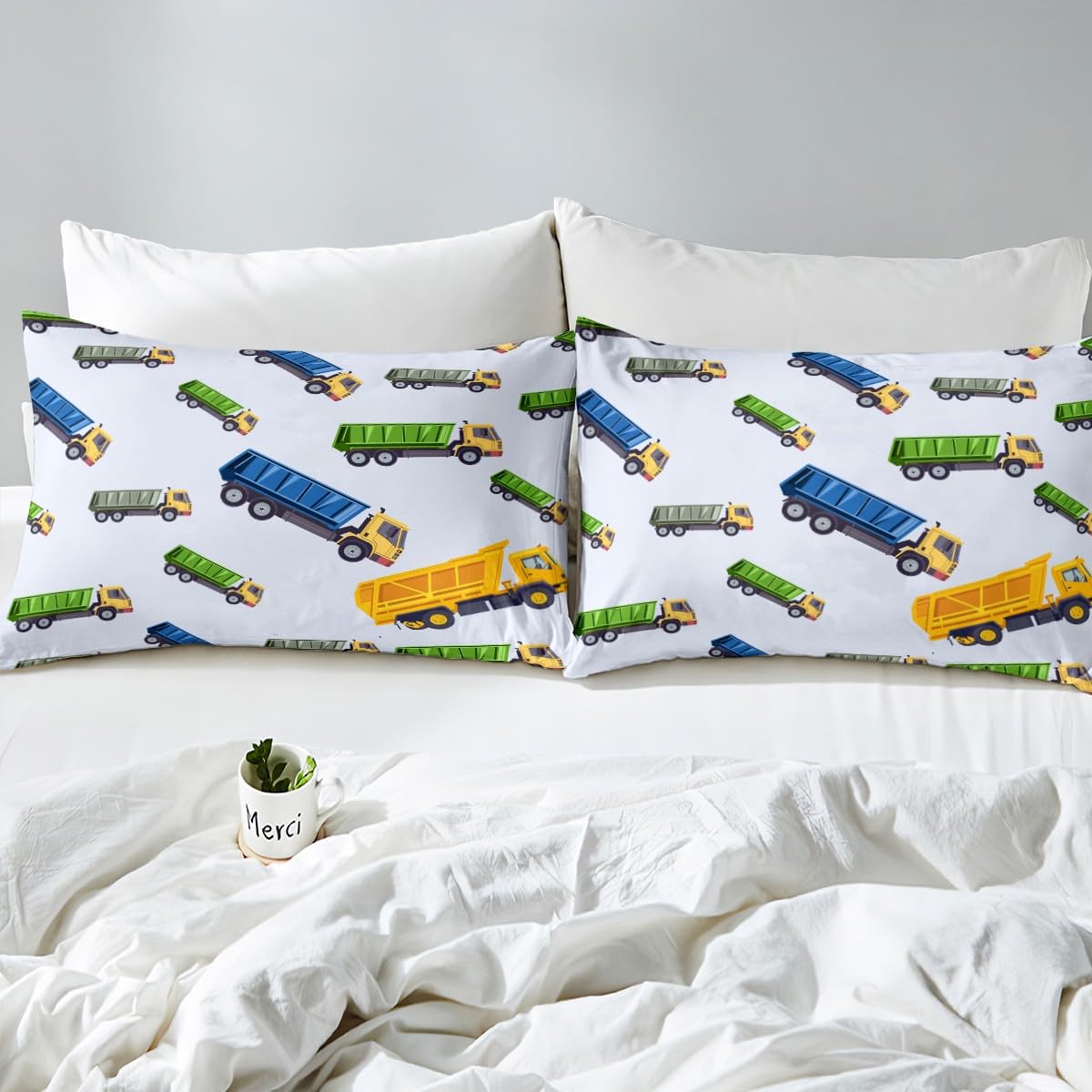 Cute Garbage Truck Bed Sheet Set - Cartoon Car Equipment Fitted Sheet for Boys Girls - Rubbish Vehicle Bedding Cover Full Size With 2 Pillow Cases