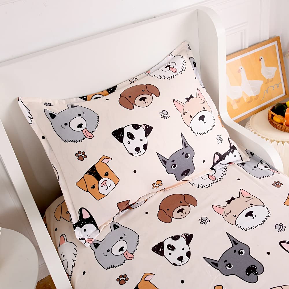 KWLOVER 2PCS Cute Puppy Patterns Soft Bed Fitted Sheet and Pillowcase Set,Doggy Doggies Pattern Printed Sheets for Kids Boys Teens Full Size Bed