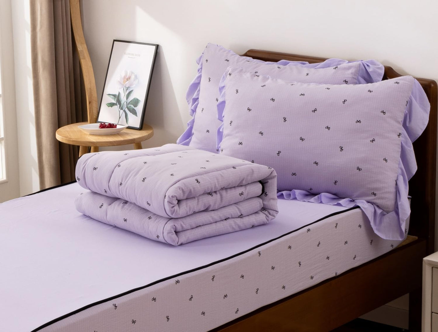 Meeting Story 3pcs Kids Comforter Set Zip up Bedding Set for Girls,Twin Kid Bedding Set Bow Comforter Set for Kid,All in one Zipper Bedding（Lightpurple,Twin）