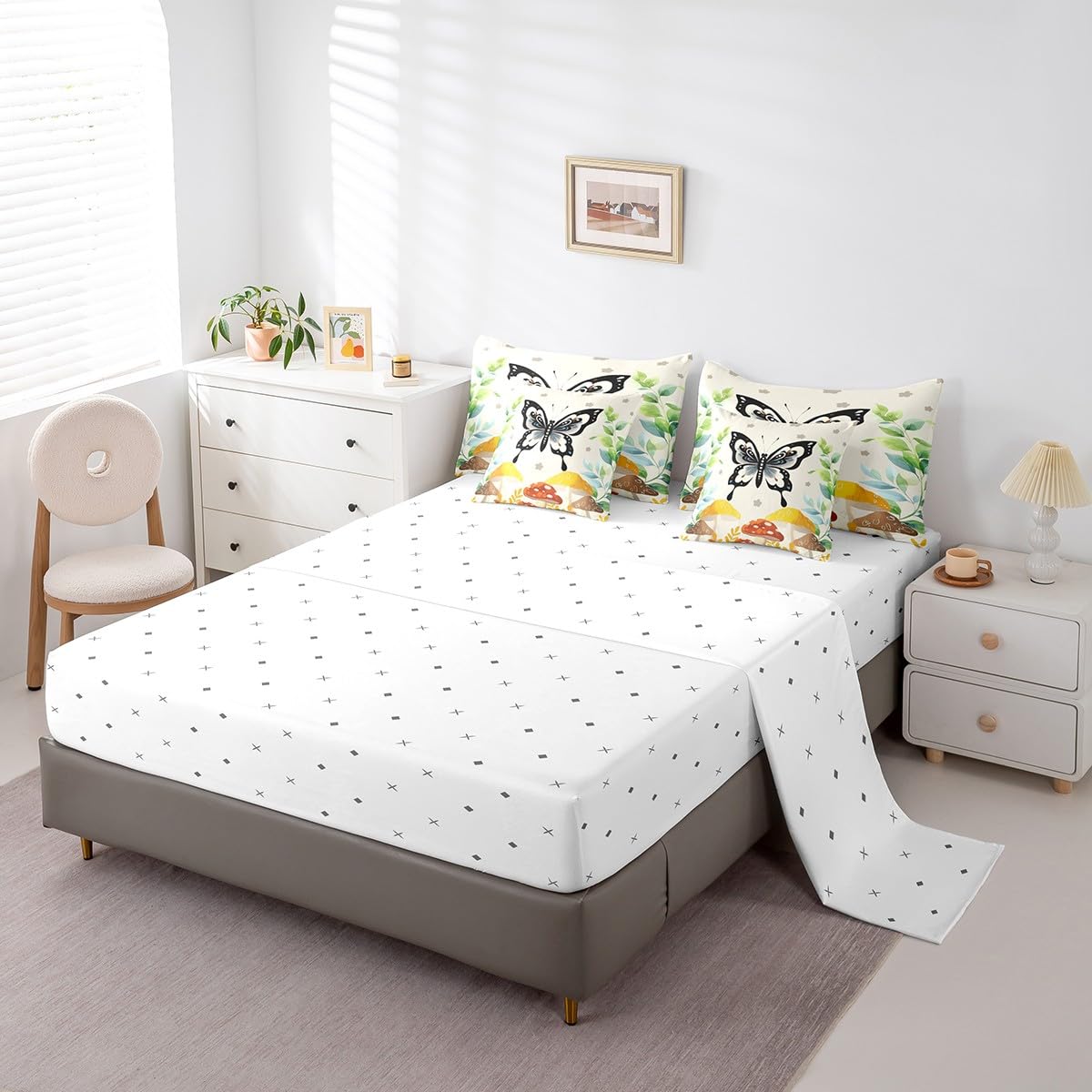 Feelyou Kids Butterfly Floral Bed in A Bag Twin Size, Bohemian 7 Pieces Bedding Set Boys Girls Cute Mushroom Comforter Set with Sheets Boho Exotic Teens Bed Set Bedroom Decor 7Pcs