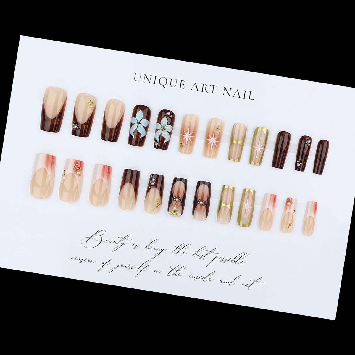 French Tips Press on Nails Brown - Long Square Nails Press on with 5D Flower, Gold Charm Design Glossy Ombre Fake Nails Floral Glue on Nail Reusable Fall Summer Nail for Women Manicure 24Pcs