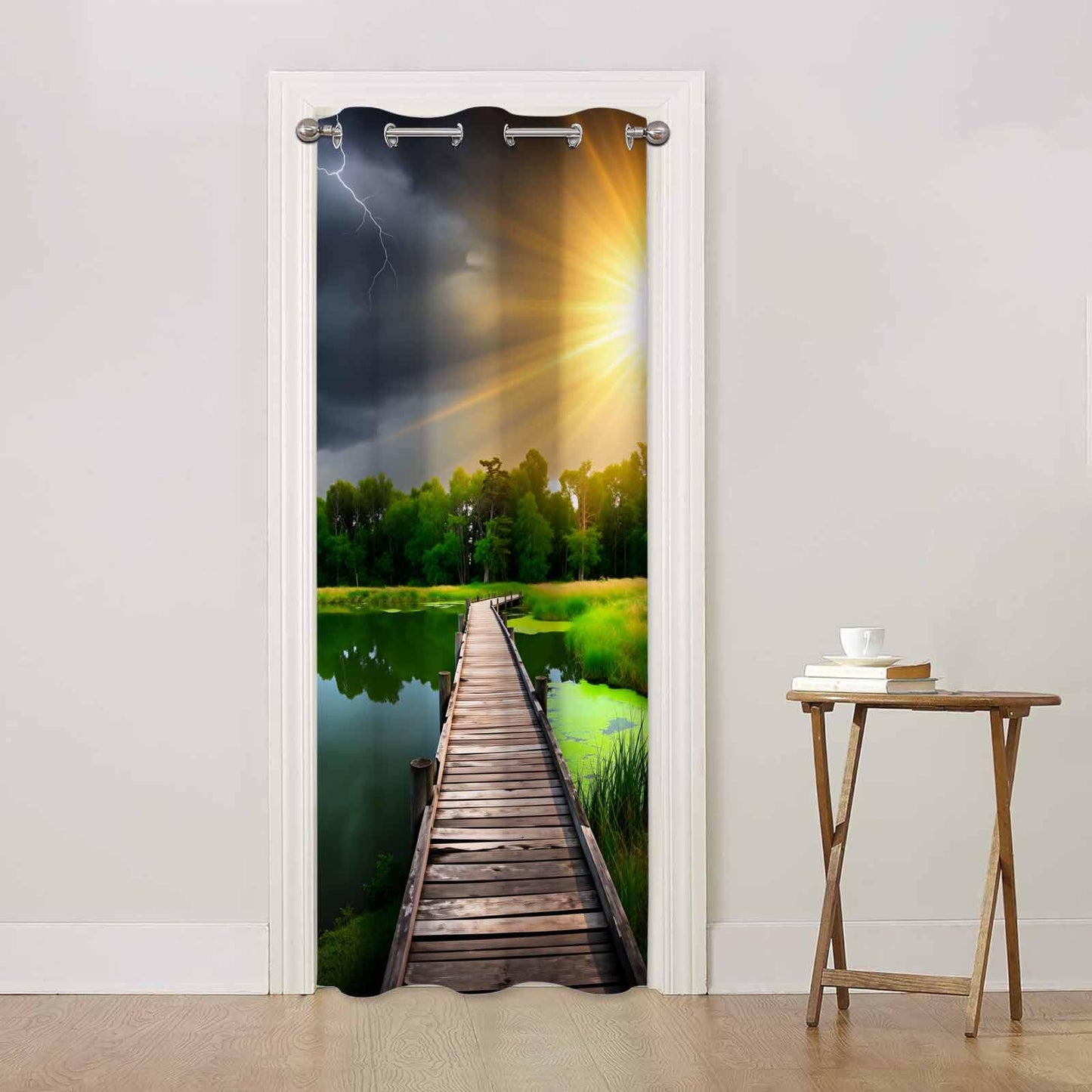 Haciadan Wooden Bridge Sliding Door Curtain River Sunset Green Grass Doorway Curtain 1 Panel 34" W X 80" L Door Drape for Kitchen Restaurant