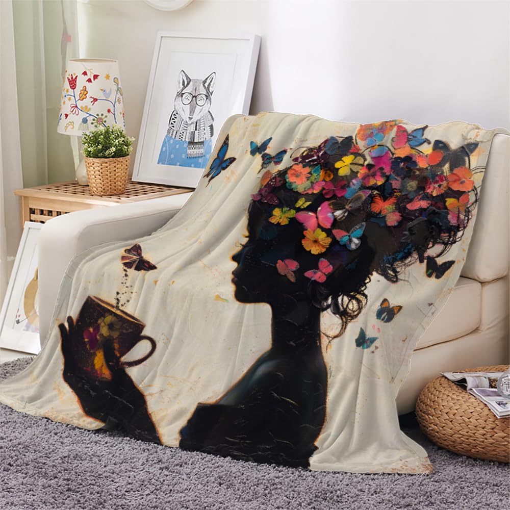 Butterflies Girl Blanket Throw, Fashion Flowers Throw Blanket for Couch, Floral Foliage Breathable Warm Bed Throw, Nature Forest Lightweight Fleece Blanket Kids 30"x 40" Camping & Travel Blanket