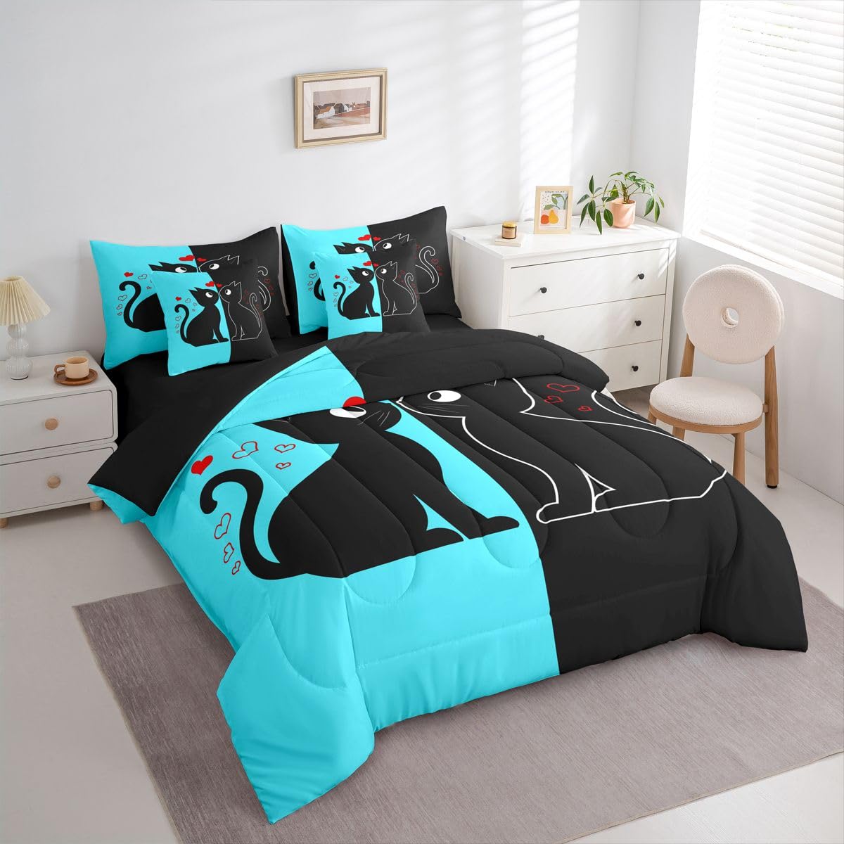Erosebridal Cute Black Cat 7-Piece Bedding Set Full Size (Blue and Black) | Valentine's Day Cats Bed in a Bag for Couple Lovers Romantic Cats Comforter Set with Sheets Kawaii Pet Animal Duvet Insert