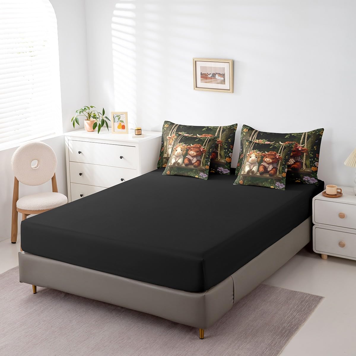 Erosebridal Highland Cow 7 Pieces Bedding Set Western Cow King Comforter Set with Sheets for Boys Girls Kids Room Decor Farmhouse Animal Bed in a Bag Flower Bed Set