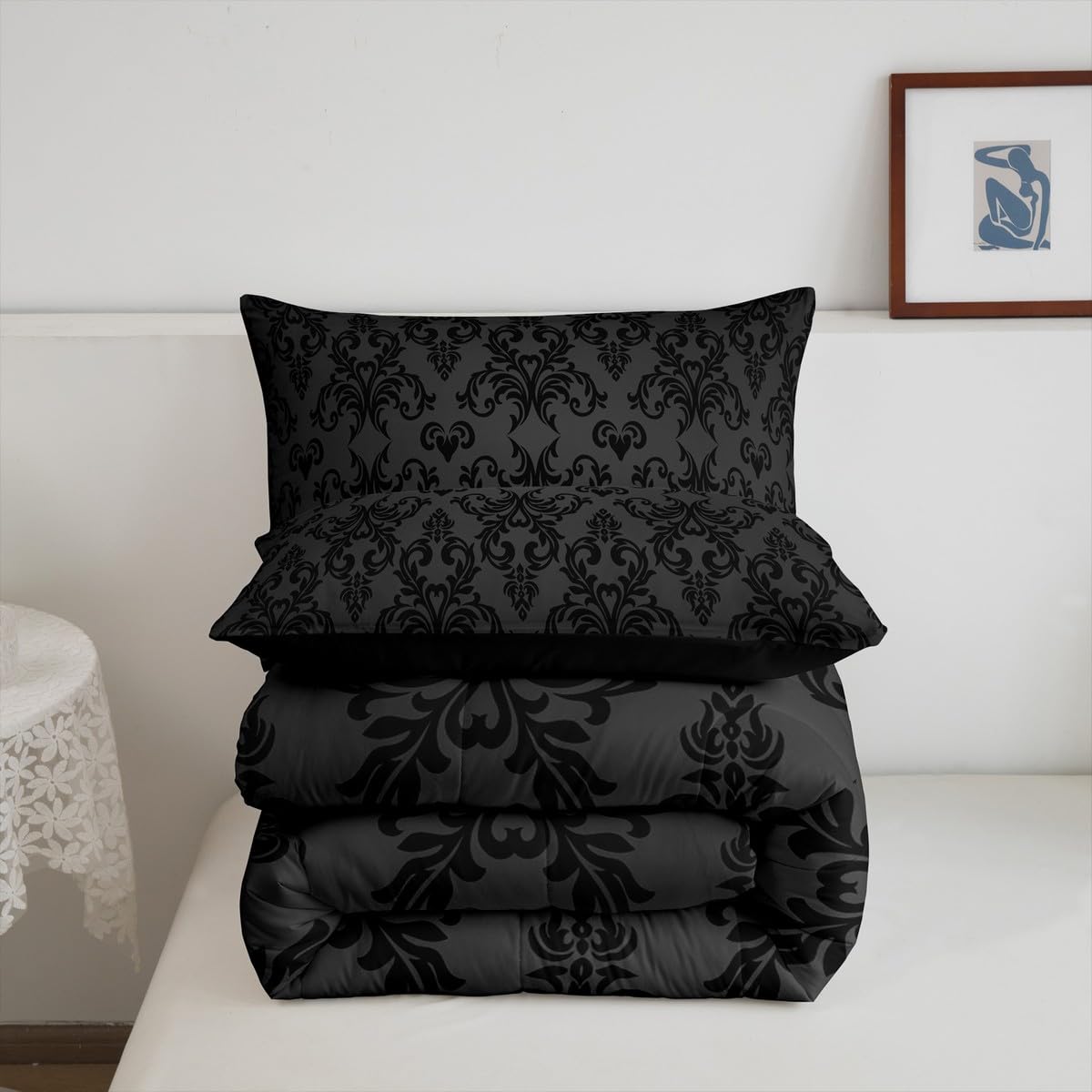 Feelyou Jacquard Bedding Set,Twin Size Floral Comforter Set for Adults and Teens,Boho Damask Duvet Set,Black & Grey Quilt Set (2Pcs)