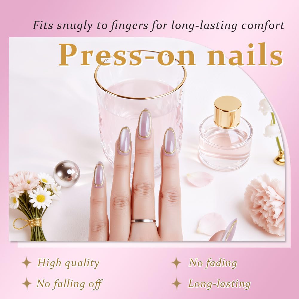 evpct Gold Line 3D Cat Eye Press On Nails Medium Almond No Glue, 3D Crystal Handmade Press on Nails for Women Gift, Reusable Medium Almond Acrylic Fake Nail Stick on Soft Nail Gold Tip with Designs