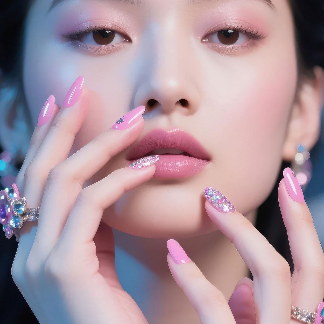 Press on Nails Almond Medium Fake Nails French Tip False Nails Press ons with Silver Starburst Design Glue on Nails Artificial Acrylic Nail Art Glossy Full Cover Stick on Nail Supplies for Women 24Pcs