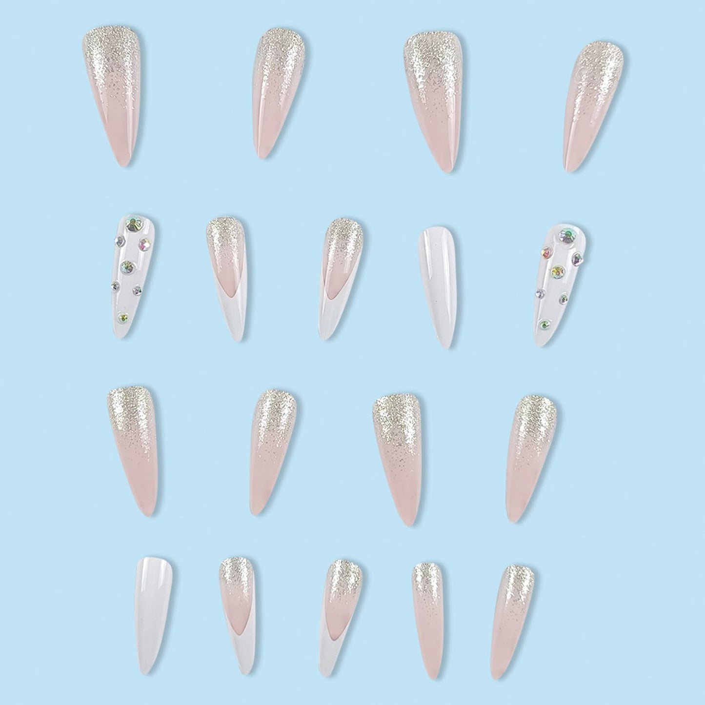 SINHOT Rhinestones Long Stiletto Fake Nails - Glossy Glue on White French Tip Acrylic Pink Almond Artificial Sparkly Glitter Stick on False Nails with Design 24 pcs