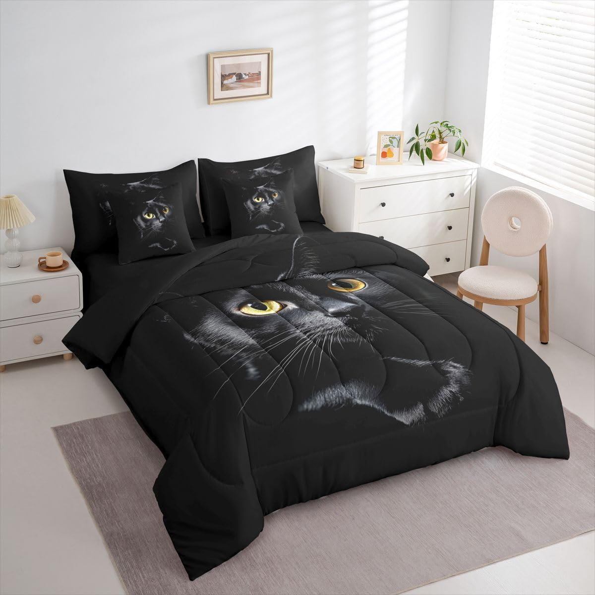 Erosebridal Black Cat 7-Piece Bedding Set Full Size 3D Cat Bed in a Bag for Kids Girls Boys Cats Lover Cute Farmhouse Domestic Pet Animal Comforter Set with Sheets Cute Cats Duvet Insert
