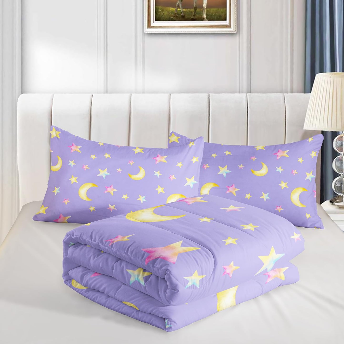 UEVBF Yellow Stars and Moon Comforter Set Queen Size,3 Piece Space Themed Girls Bedding for Kids Room Decor,Soft and Lightweight Bedding Comforter Sets with 2 Pillowcases.