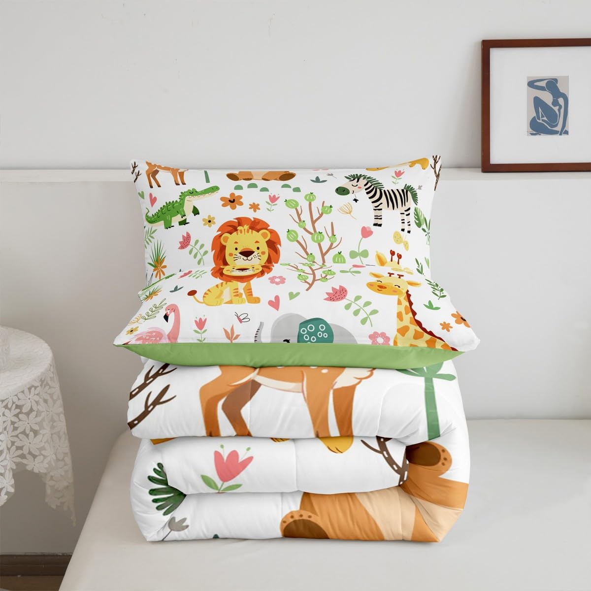 Feelyou Full Size Cartoon Lions Giraffe Comforter Set Zoo Animals Bedding Set Flamingo Zebra Comforter for Kids Boys Girls Kawaii Animals Duvet Insert 3Pcs