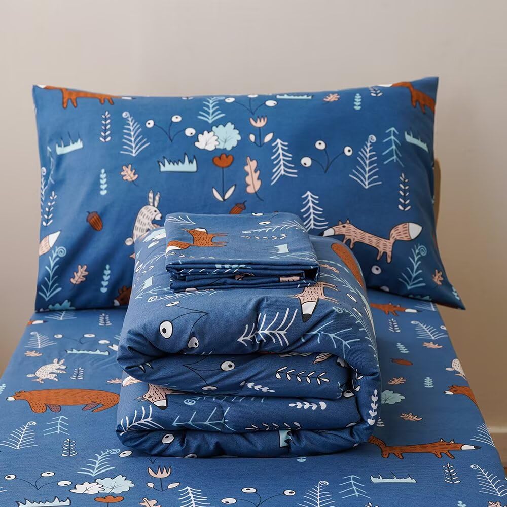 CLOTHKNOW 4Pieces Blue Toddler Bedding Sets for Boys Girls Animal Cartoon Comforter Sets Soft Crib Bed Set Including Comforter, Flat Sheet, Fitted Sheet and Pillowcase