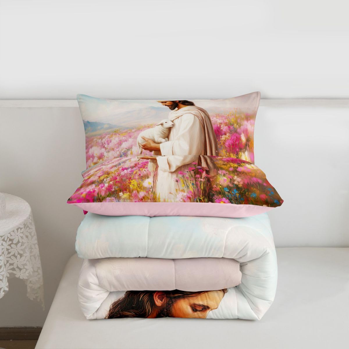 Manfei God and Lamb Kids Comforter Set Twin Size,The Lost Lamb Western Flowers Bedding Set Boys Girls Room Decor,Belief Spiritual Artwork Quilt Comforter,Pink Duvet Set Bedroom Quilt Set,1 Pillowcase