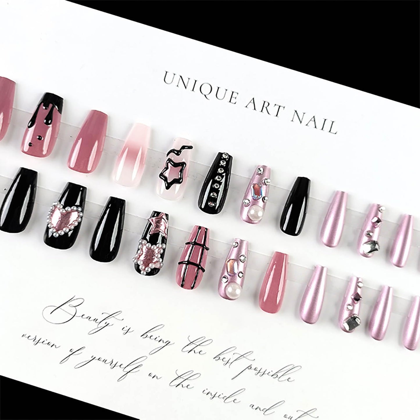 RTKHFZE Press on Nails Medium Square Fake Nails Black Full Cover Acrylic False Nails with Pearl Jewelry and Rhinestones Designs Artificial Press on Stick on Nails for Women Nail Decorations