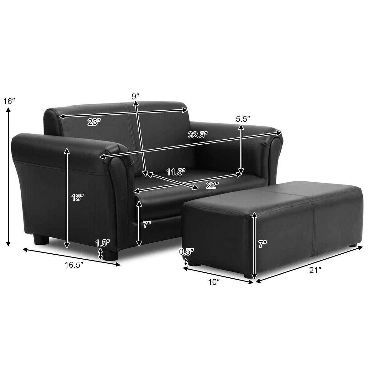 Costzon Kids Couch with Footstool, 2 in 1 Double Seat Children's Sofa w/PU Leather Surface, Armrest Chair Lounge, Soft Kids Sofa for Preschool Bedroom Kids Room Toddlers Boys Girls Birthday (Black)