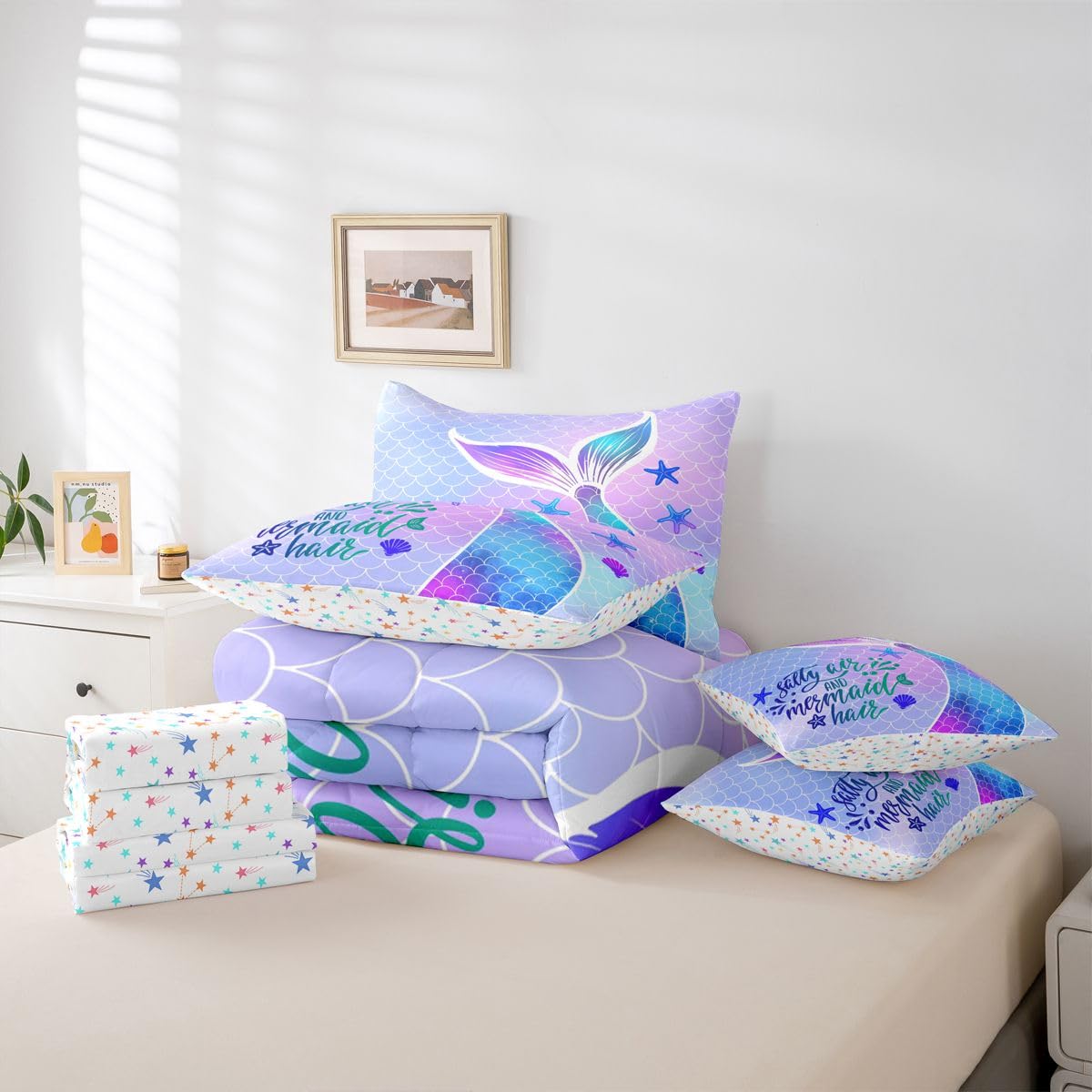 Mermaid Tail Queen Comforter Set with Sheets | Kids Fish Scales 7 Piece Bedding Set Girly Shell Starfish Ocean Life Sea Animal Bed in a Bag, Pastel Teal Purple Blue Kawaii Princess Room Decor