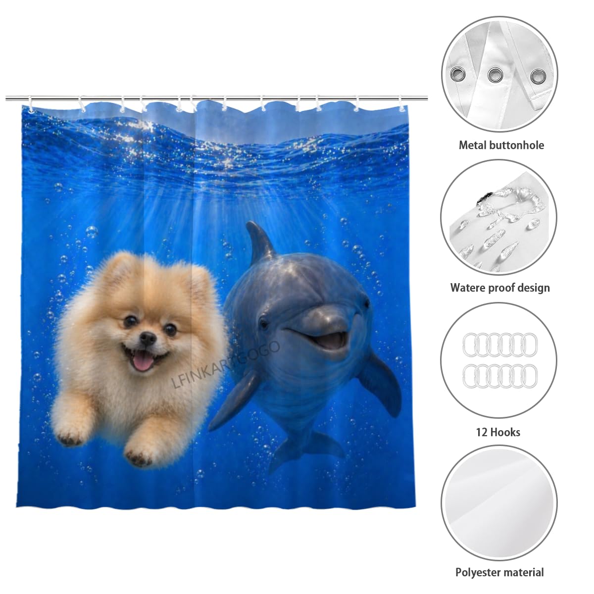 LFINKARTGOGO Ocean Pomeranian Shower Curtain 72x72 with 12 Hooks Underwater Animal Dolphin Waterproof Washable Polyester Bath Curtain for Home Hotel Decor
