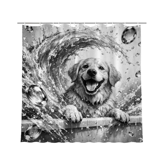 REZHOCH Black and White Dog Shower Curtain 72x72 Inch Happy Golden Retriever Splashing Water Wave Bathroom Decor,Fun Cute Animal Waterproof Fabric Modern Farmhouse Bath Set with Hooks