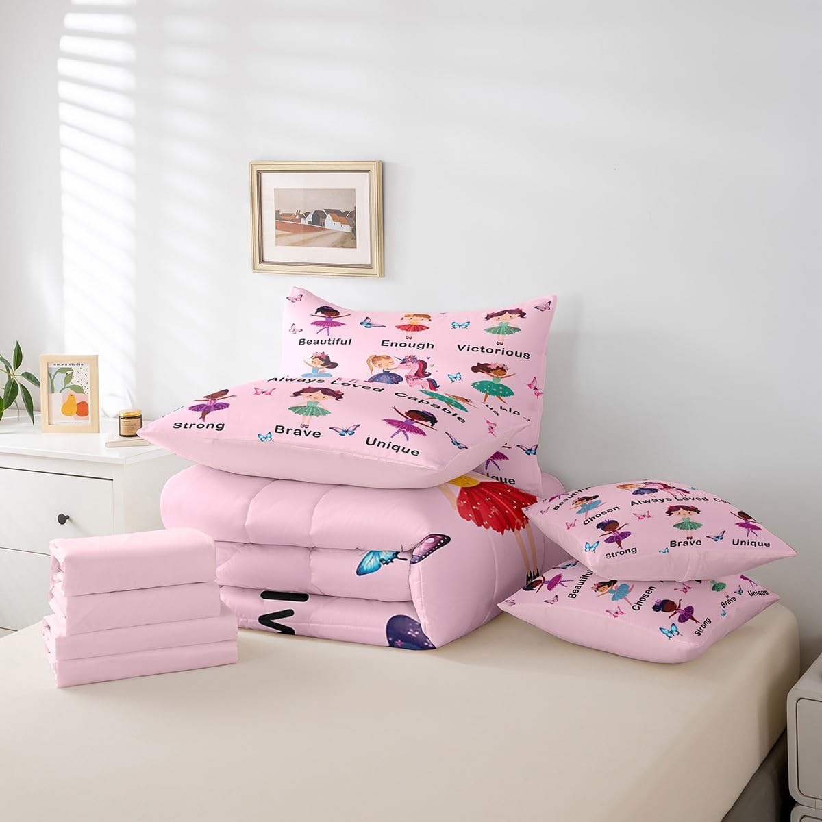 Erosebridal 7 Piece Girls Pink Princess Kids Comforter Set King Bed in a Bag,Ballet Bedding Set,Dancing Girls Inspirational Duvet Insert,Dreamy Princess Style Sheet Set,Butterfly Unicorn Quilt