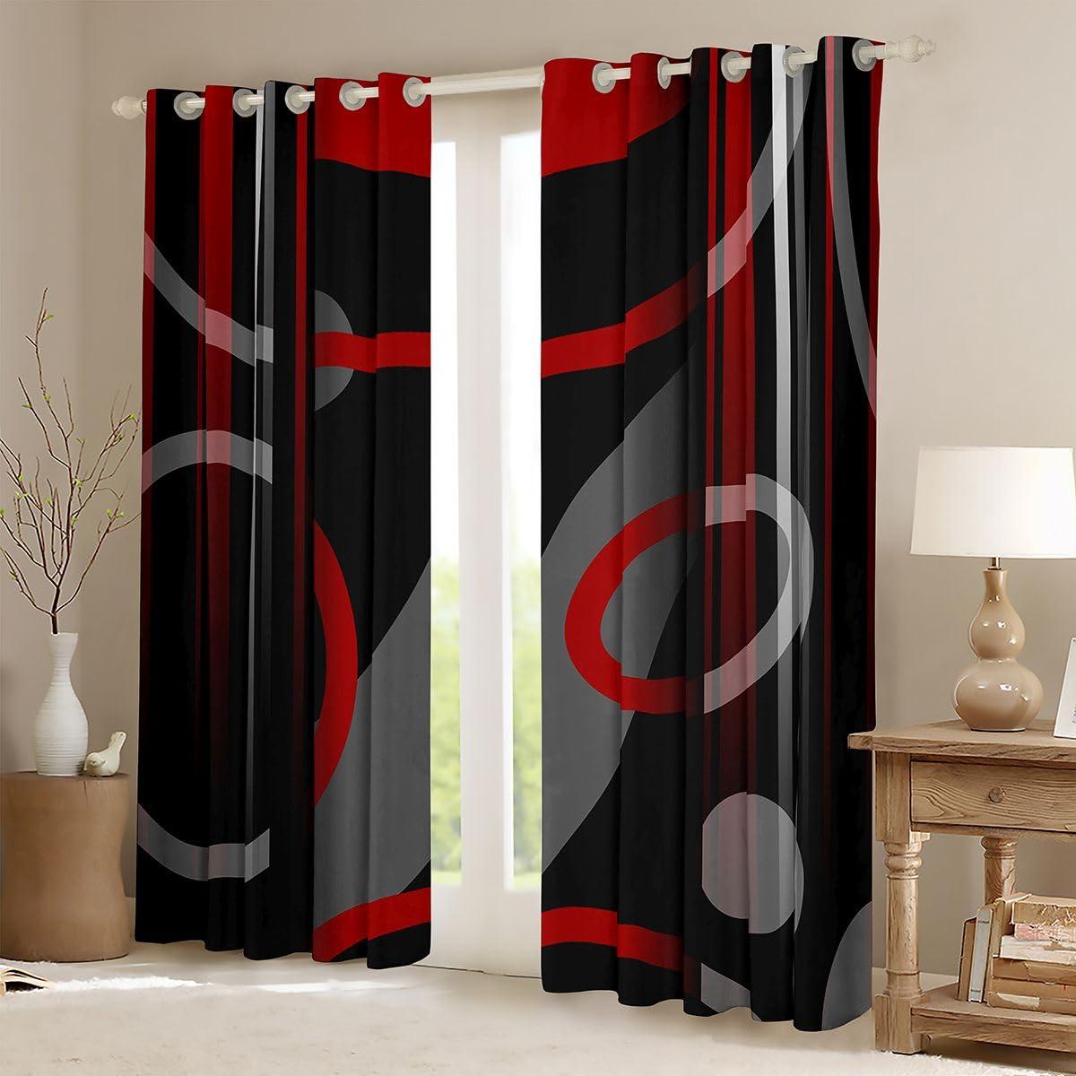 jejeloiu Darkening Dreapes Kids Geometric Strip Red Curtains for Bedroom Abstract Lines Curtains Gradient Styke Red Black White Window Treatments (2 Panels, 52 x 84 Inch) Blackout