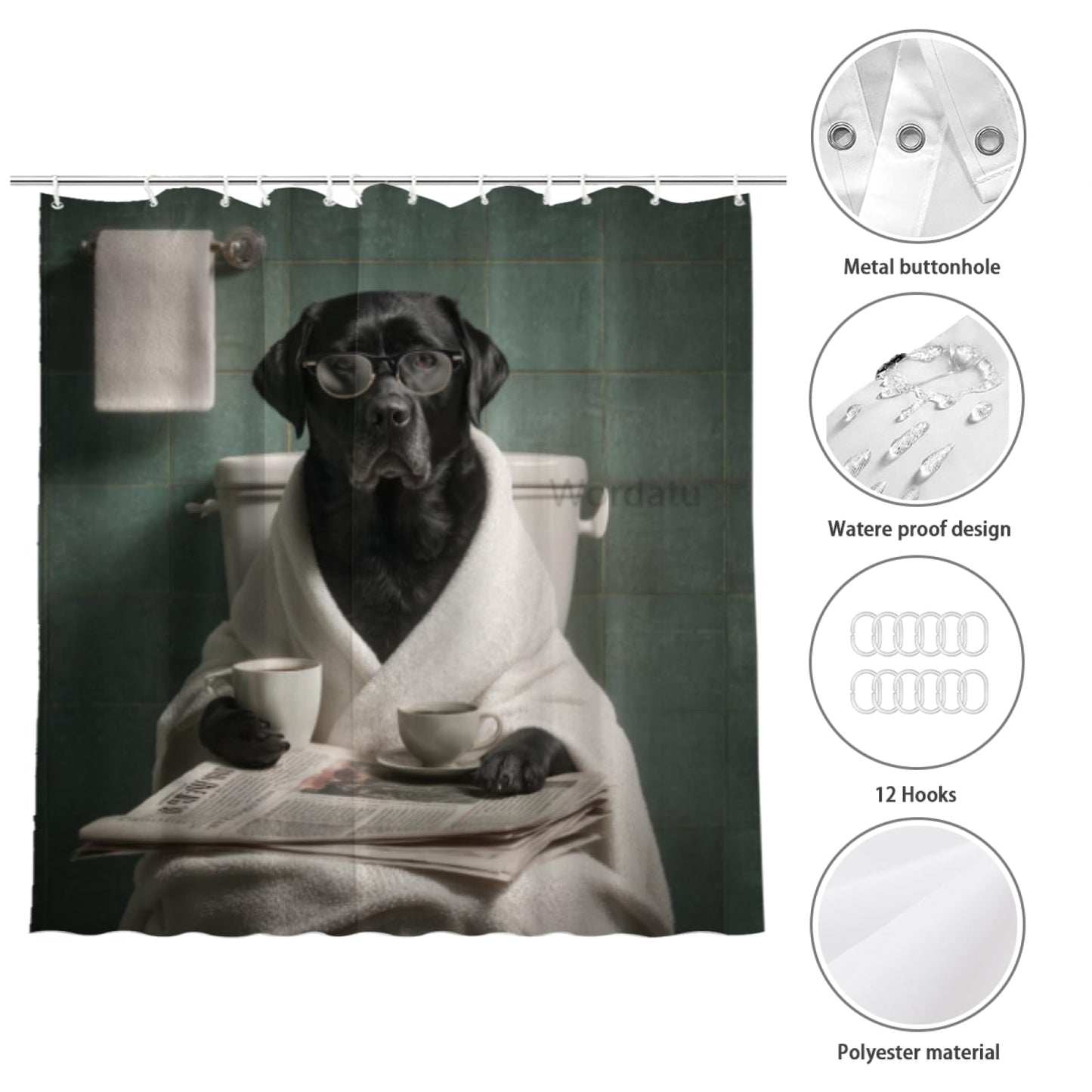 Wordatu Funny Black Labrador Dog Bathroom Curtain, Cute Dogs Reading Newspaper on Toilet, Washable Cloth Kids Shower Curtain Set 72X72 Inches with 12 Hooks